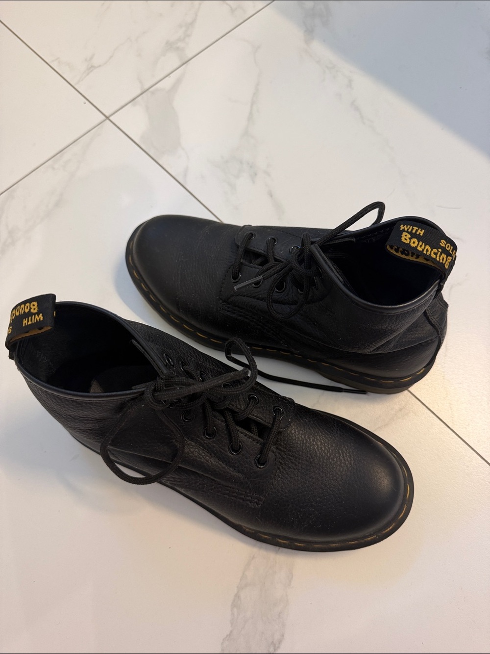 Dr. Martens Black Leather Lace-Up Ankle Boots with Yellow Stitching